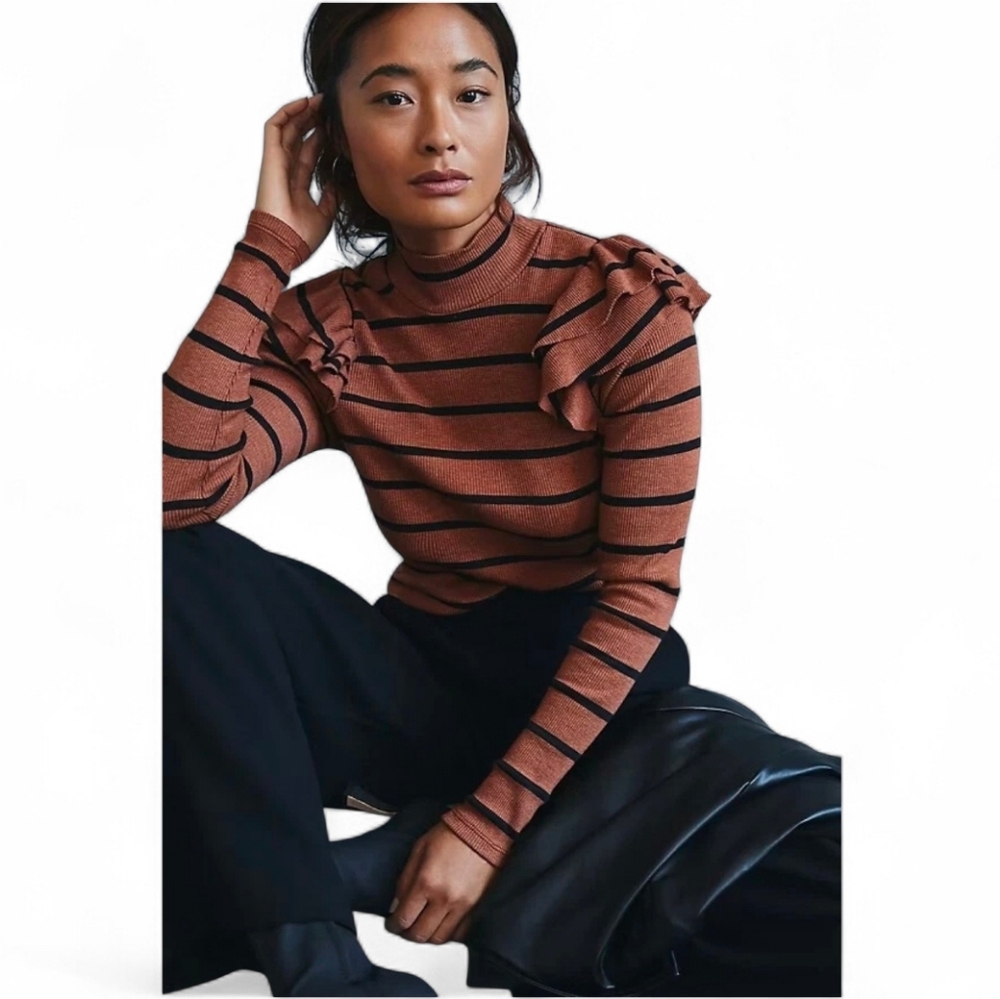 T.LA X ANTHROPOLOGIE Ruffle Shoulder Turtleneck Striped Top - XS